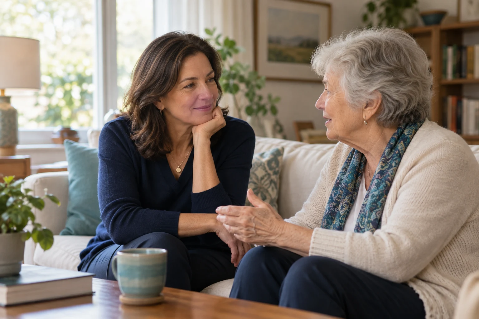 An adult daughter and her older mother sharing a thoughtful conversation at home.