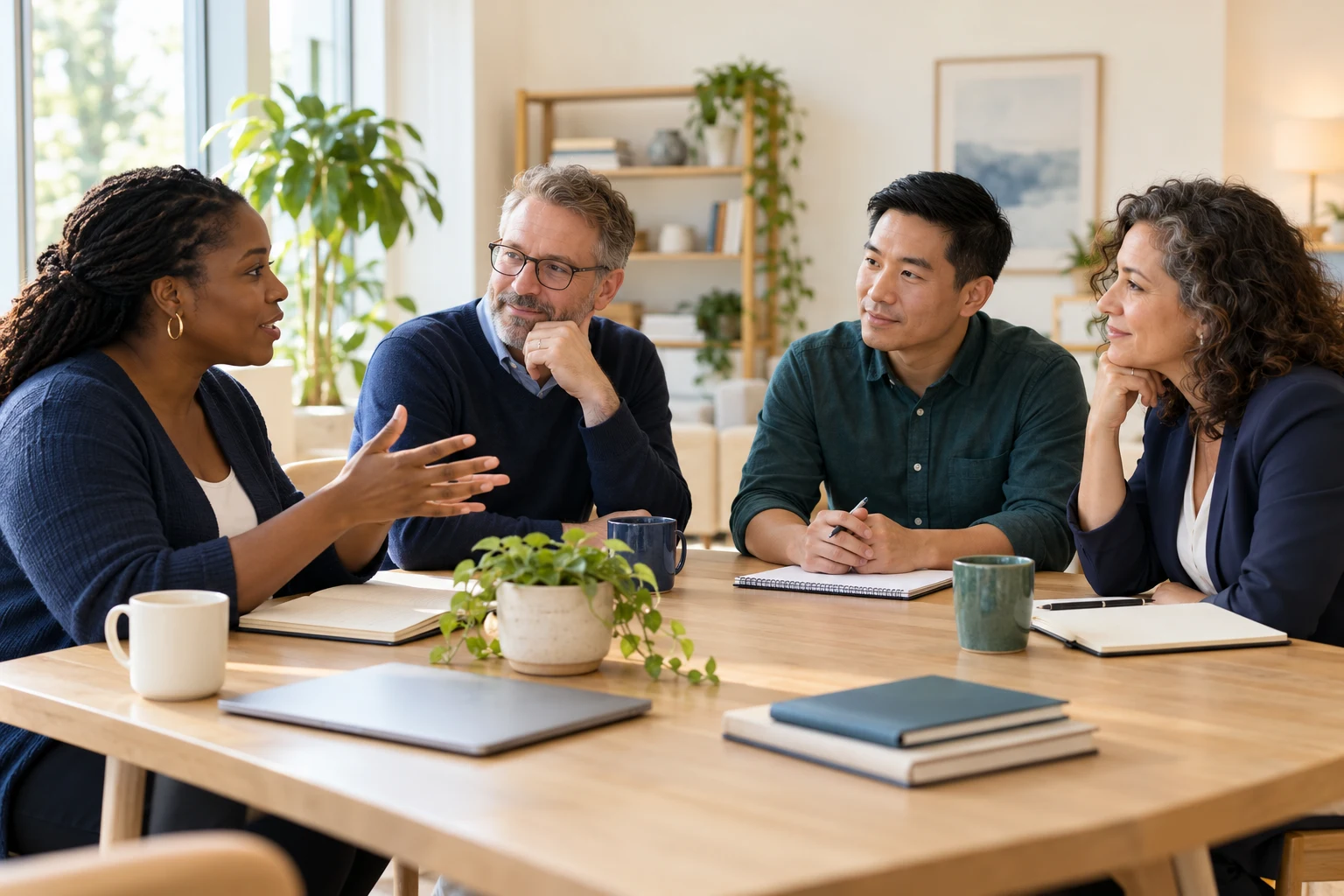 Four professionals exchanging ideas around a table in a sunlit learning space.