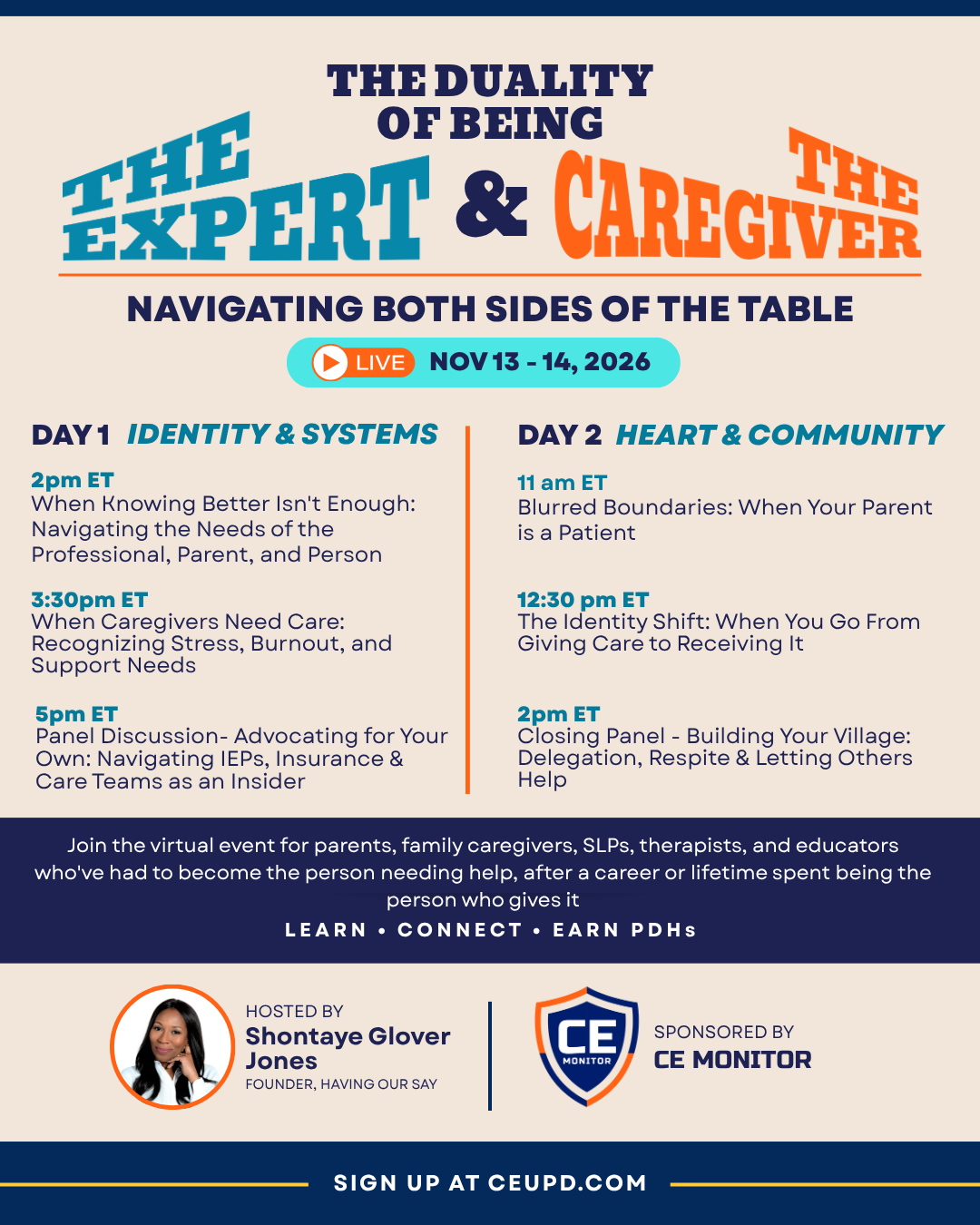 The Expert and the Caregiver schedule, November 13–14, 2026. Full session times and titles are listed below.